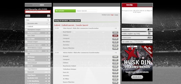 Fodbold odds udvalg hos betting siden betsafe